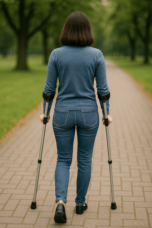 Frau läuft mit Krücken