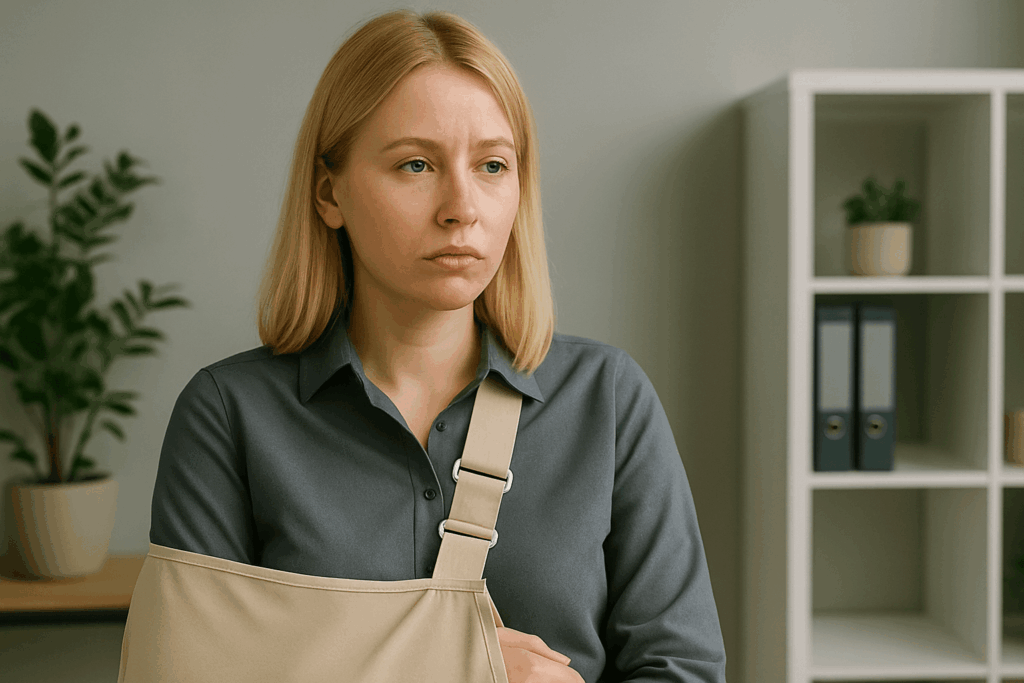 Sarah nach einem Arbeitsunfall mit gebrochenem Arm