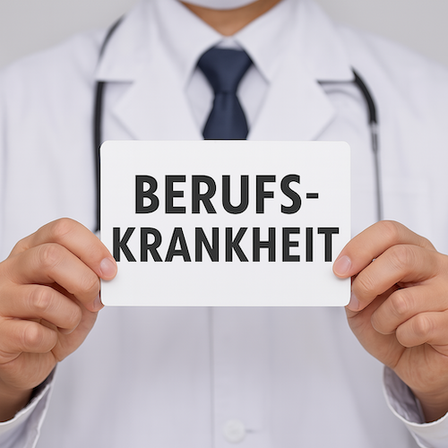 Arzt hält eine Karte mit der Aufschrift "Berufskrankheit" hoch